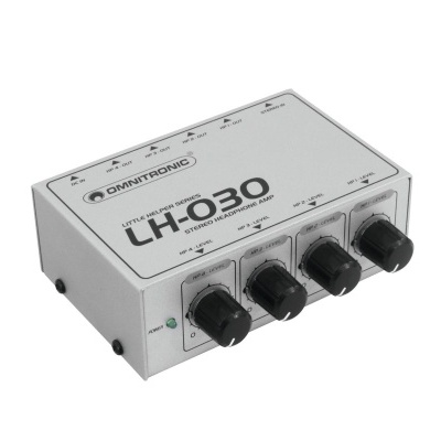 Interface de áudio Omnitronic LH-030 com botões pretos e caixa cinza