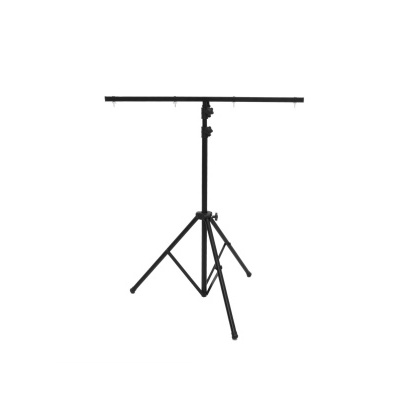 Suporte tripé de metal preto com barra horizontal para equipamento ou luz