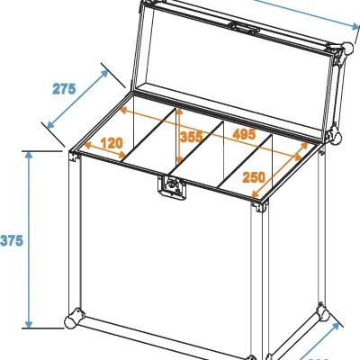 Desenho técnico de um baú aberto com medidas em milímetros e compartimentos internos
