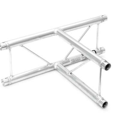 Estrutura metálica prateada em forma de T sobre fundo branco