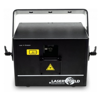 Máquina laser preta com sinais de aviso amarelos e texto LASERWORLD na frente