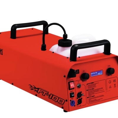 Máquina vermelha de fogos artifício eletrónica Amstrai PT-100 com painel frontal e reservatório branco.