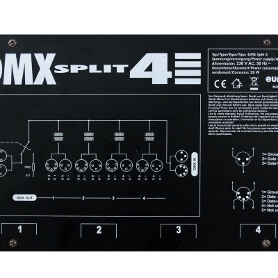 Painel frontal preto do equipamento DMX Split 4 com texto branco e diagramas técnicos