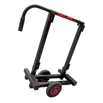 Carrinho de transporte metálico preto com rodas vermelhas e barra acolchoada