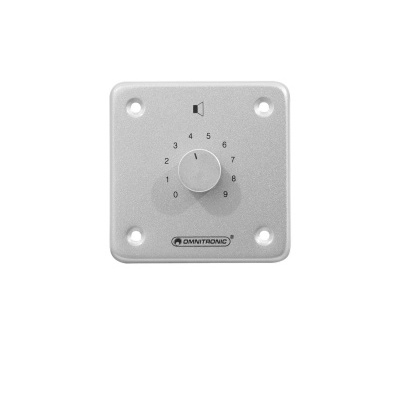 Painel de controlo cinzento com botão rotativo e marca OMNITRONIC