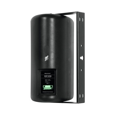 Dispositivo preto cilíndrico com ecrã digital e suporte metálico