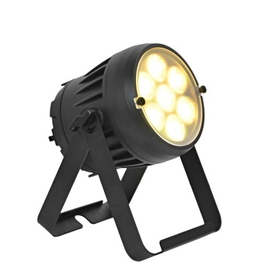 Projetor de luz LED preto com sete LEDs acesos em fundo branco
