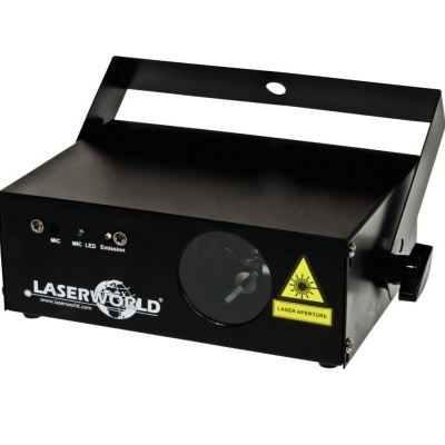 Projetor de luz laser preto LASERWORLD com rótulo amarelo de aviso de radiação laser