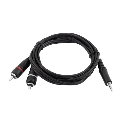 Cabo de áudio preto com conectores RCA e jack 3,5 mm