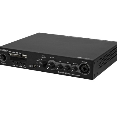 Interface de áudio preta com botões, entradas e texto EJ-2080PC