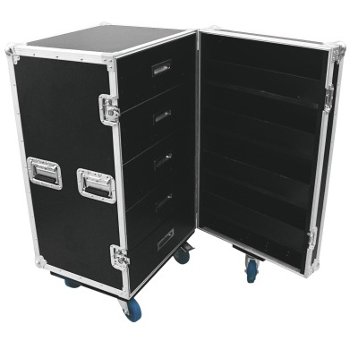 Mala preta grande com estrutura metálica e rodas azuis, com gavetas internas acessíveis