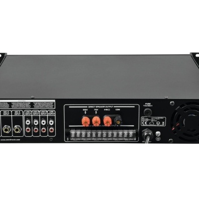 Amplificador de áudio preto com entradas RCA e terminais de altifalantes