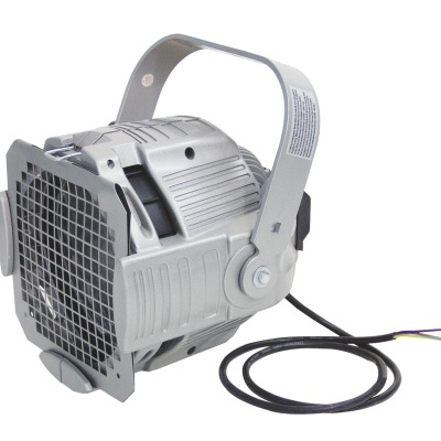 Projetor ou luz de palco em metal cinza com grelha e cabo