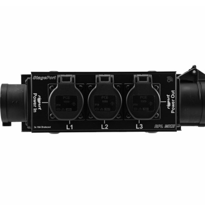 Bloco elétrico preto com três tomadas e inscrições em branco