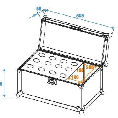 Desenho técnico de caixa aberta com dimensões e orifícios circulares no interior