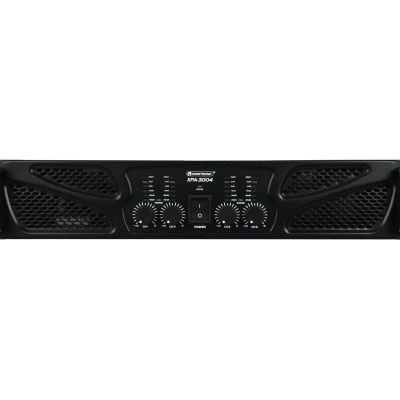 Amplificador de áudio preto com dois botões de controle e indicadores LED