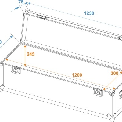 Desenho técnico de baú retangular com dimensões em milímetros.