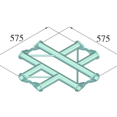 Estrutura metálica tubular prateada com duas barras cruzadas e suportes triangulares