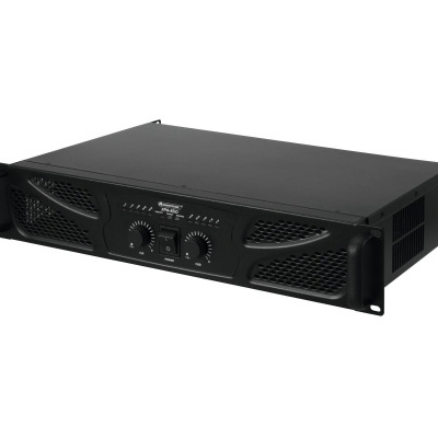 Amplificador de som preto com botões e grelha frontal