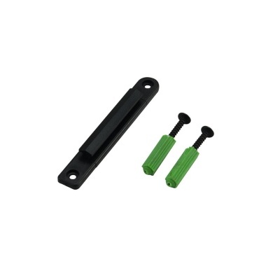 Peça preta alongada e duas buchas verdes com parafusos.