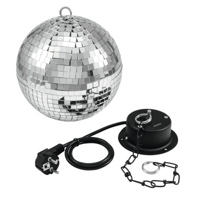 Bola de espelhos disco prateada com acessórios e cabo elétrico preto