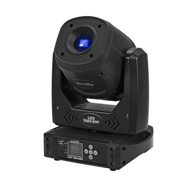 Projetor de luz móvel LED preto com lente azul e painel de controlo digital.