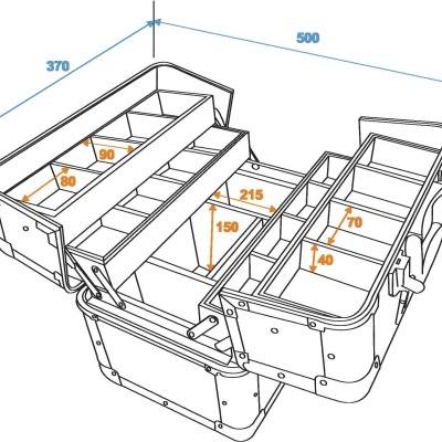Caixa organizadora aberta com divisórias e medidas tecnicas em mm