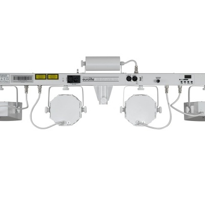 Dispositivo electrónico branco com quatro componentes circulares e cabos numa barra horizontal