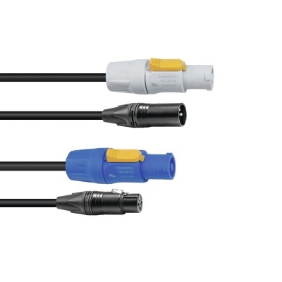 Cabos de áudio com conectores Speakon branco e azul e XLR preto