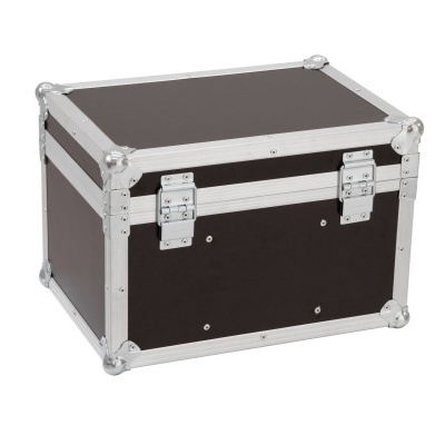 Caixa rígida de madeira escura com bordas e cantos em metal prateado