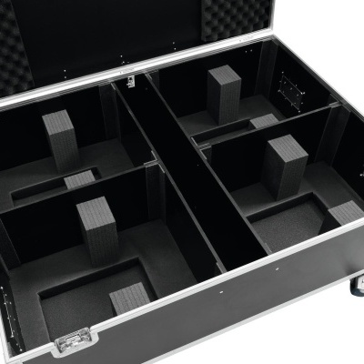 Caixa preta com divisórias em espuma e rodízios para transporte
