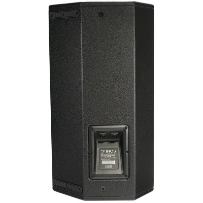 Coluna de som preta com placa traseira e etiquetas