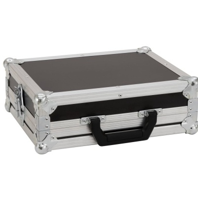 Mala rígida preta com estrutura metálica prateada e punho preto.