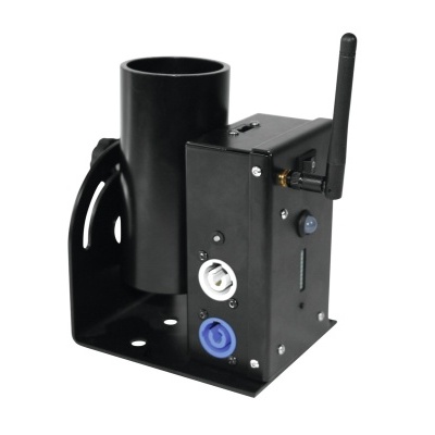 Dispositivo electrónico preto com antena e base metálica sobre fundo branco