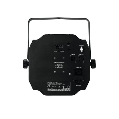 Projetor de luz LED preto com visor digital e botões num fundo branco