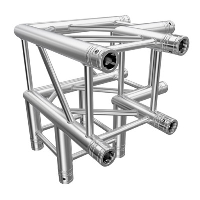 Estrutura metálica modular prateada com tubos cilíndricos interligados formando um cubo.