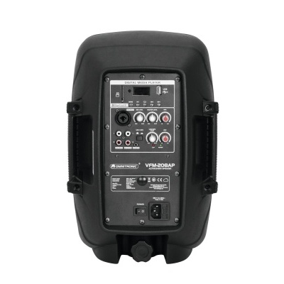 Coluna de som preta com painel traseiro de conexões e controlos