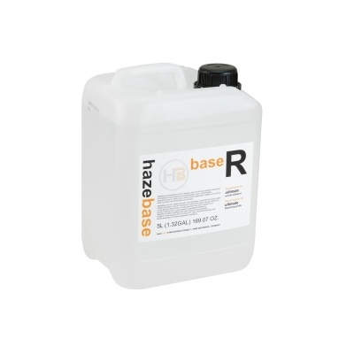 Recipiente plástico branco translúcido com tampa preta e rótulo com texto hazebase base R