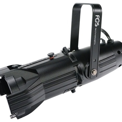 Projetor de luz cênica preto com suporte articulado em fundo branco