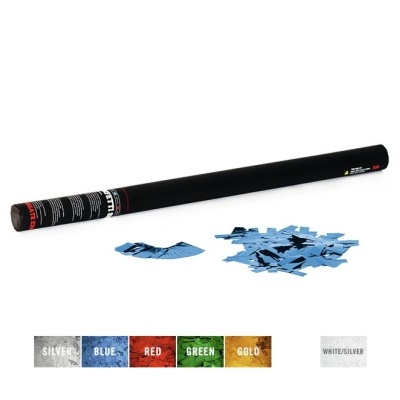 Tubo preto com confetti azul e amostras de cores