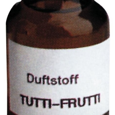 Frasco pequeno de vidro castanho com rótulo TUTTI-FRUTTI