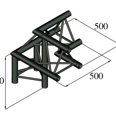 Estrutura metálica preta triangular com barras cruzadas e dimensões 500x500x500