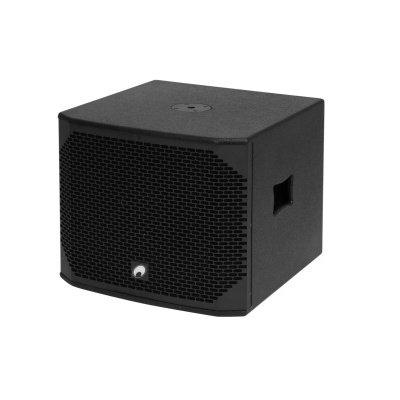 Coluna de som ativa preta com grelha hexagonal e corpo cúbico