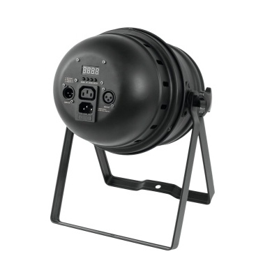 Projetor circular preto com suporte metálico e painel com display digital e tomadas