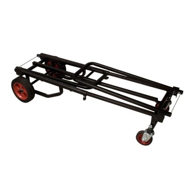 Carrinho de transporte com estrutura preta e rodas vermelhas