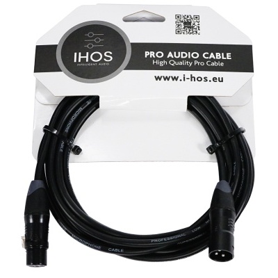 Cabo de áudio profissional preto IHOS com conectores XLR em embalagem de cartão branco