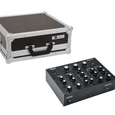 Misturador de áudio preto com botões e mala de transporte preta com bordas metálicas