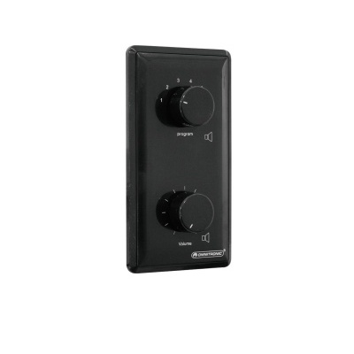 Painel de controlo preto com botões de volume e programa