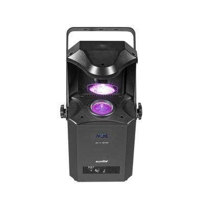 Luz de palco preta com duas lentes a emitir luz roxa e ecrã digital frontal