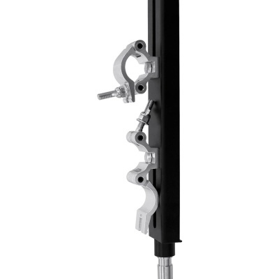 Suporte metálico preto com grampos prateados e eixo cilíndrico